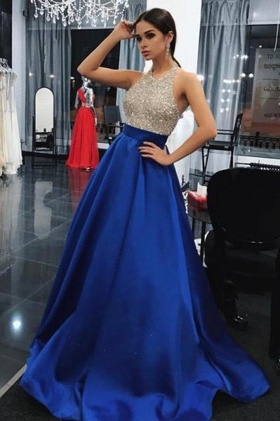 A-Line Halter Backless Sweep Train Royal Blue Prom Dress with Beading Pockets DMN33