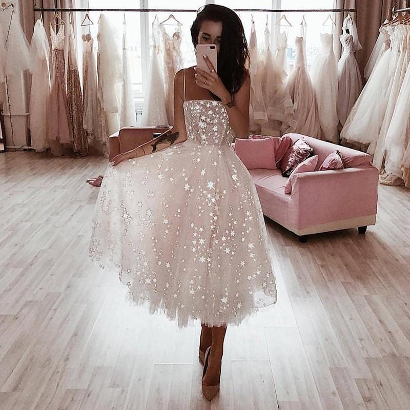 spaghetti strap tea length wedding dress Custom Color / US0 – Bellapromdress