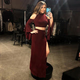 Two Piece Mermaid Cold Shoulder Long Sleeves Burgundy Prom Dress With Split DMQ54