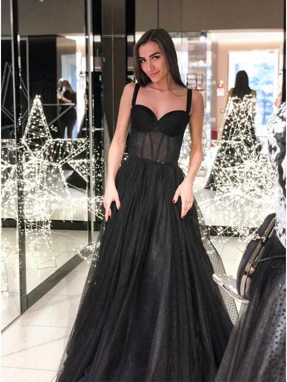 A-Line Spaghetti Straps Long Prom Dress Sleeveless Black Evening Dress DMS78