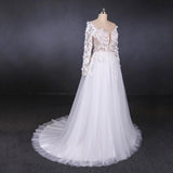 A Line Tulle Lace Appliques Long Sleeves Wedding Dress, Cheap Bridal Dresses DMQ28