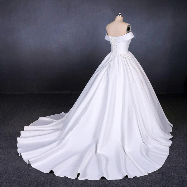 Off the Shoulder White Ball Gown Simple Wedding Dress, Satin Bridal Gown DMQ20