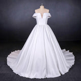 Off the Shoulder White Ball Gown Simple Wedding Dress, Satin Bridal Gown DMQ20