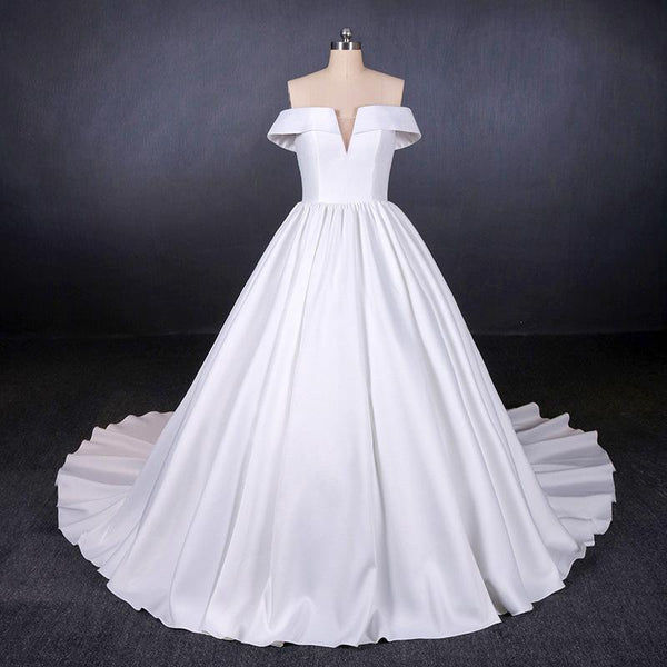 Off the Shoulder White Ball Gown Simple Wedding Dress, Satin Bridal Gown DMQ20