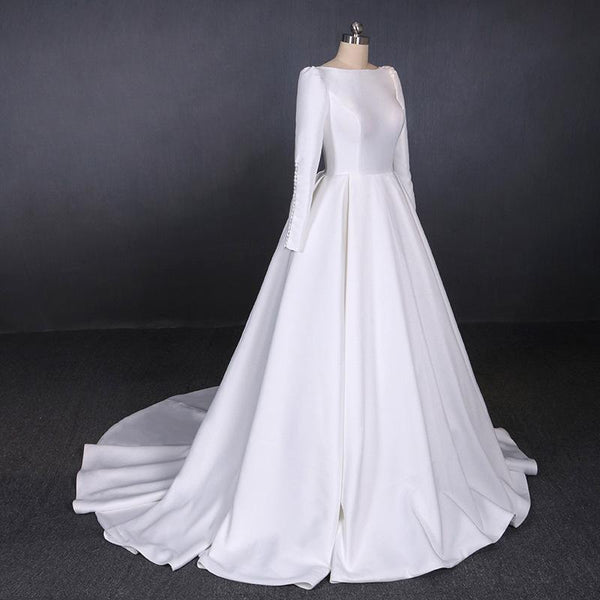 Simple A Line Long Sleeves Satin Wedding Dress, New Arrival White Long Bridal Gown DMQ13