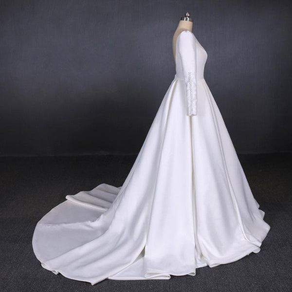 Simple A Line Long Sleeves Satin Wedding Dress, New Arrival White Long Bridal Gown DMQ13