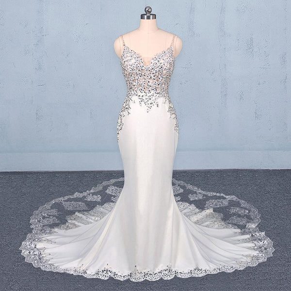 Mermaid Spaghetti Straps Beading Wedding Dress, Elegant Appliques Bridal Dresses DMQ15