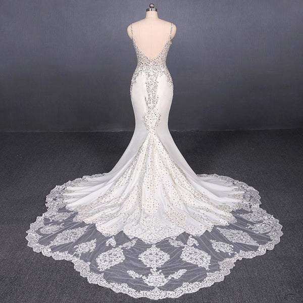 Mermaid Spaghetti Straps Beading Wedding Dress, Elegant Appliques Bridal Dresses DMQ15