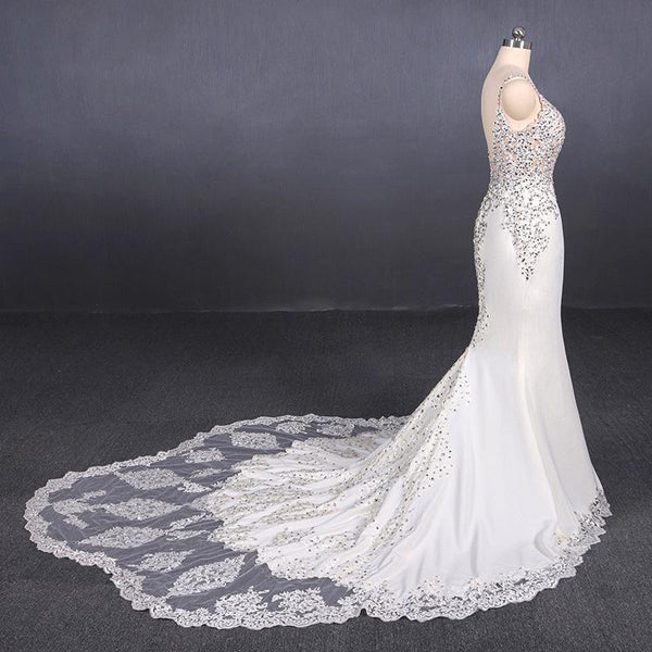 Mermaid Spaghetti Straps Beading Wedding Dress, Elegant Appliques Bridal Dresses DMQ15