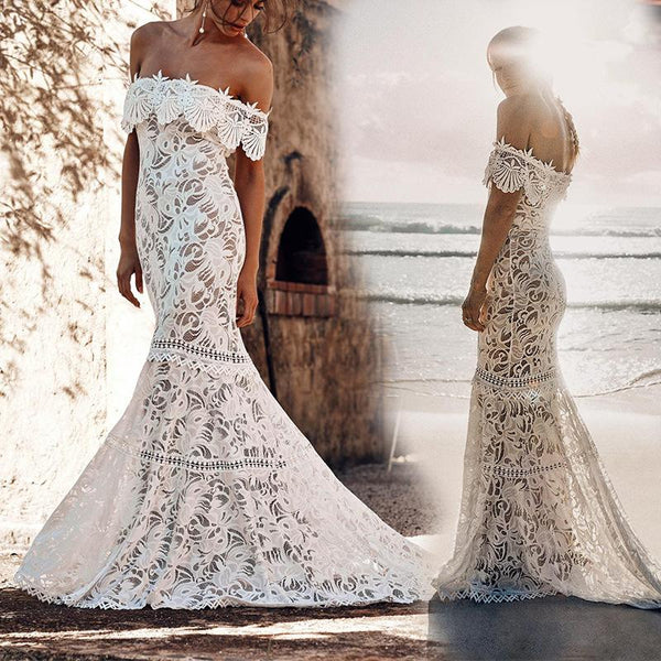 Off the Shoulder Lace Mermaid Wedding Dress, Cheap Bridal Dress DMP72