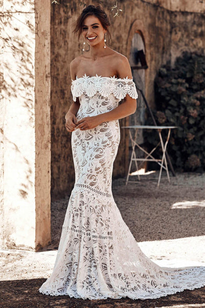 Off the Shoulder Lace Mermaid Wedding Dress, Cheap Bridal Dress DMP72