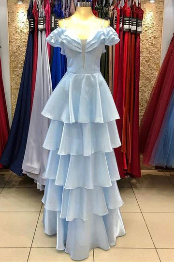 Light Blue Off-the-Shoulder Tiered Long Prom Dress Evening Dresses DMP224