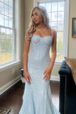 Light Blue Sequins Straps Mermaid Long Prom Dress DR1593