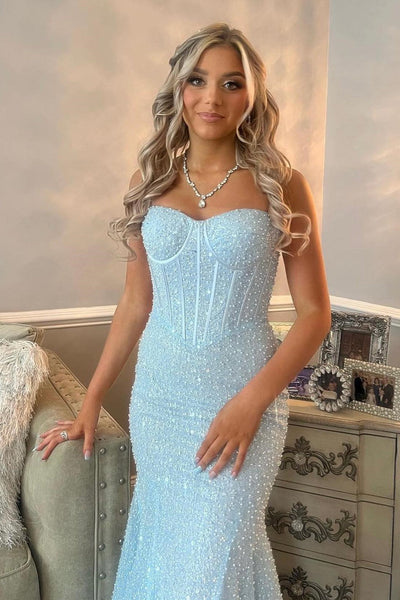 Light Blue Sequins Straps Mermaid Long Prom Dress DR1593