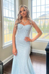 Light Blue Sequins Straps Mermaid Long Prom Dress DR1593