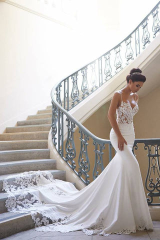 Elegant Spaghetti Straps Mermaid Spandex Wedding Dresses With Applique Court Train DME69