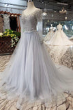 Long Sleeves V Neck Tulle A Line Sequins Prom Dresses DMK10