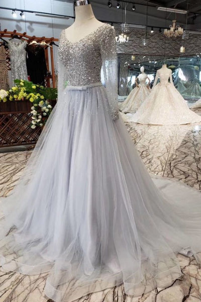 Long Sleeves V Neck Tulle A Line Sequins Prom Dresses DMK10