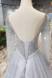 Long Sleeves V Neck Tulle A Line Sequins Prom Dresses DMK10