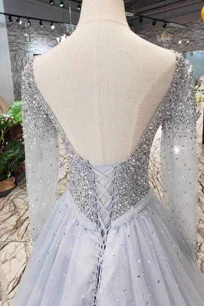 Long Sleeves V Neck Tulle A Line Sequins Prom Dresses DMK10
