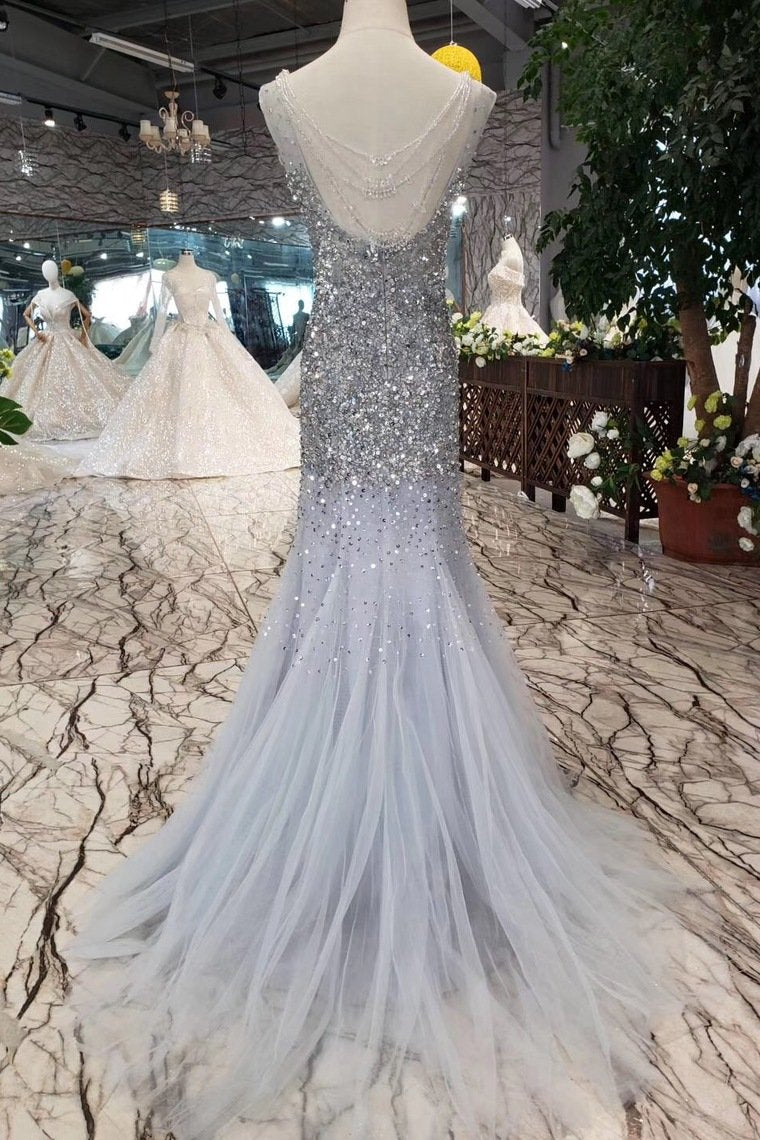 New Arrival Sequins Bodice Prom Dresses Tulle Mermaid Sweep Train DMK11