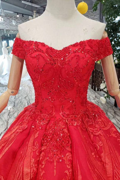 Red Quinceanera Dresses Off The Shoulder Lace Up Back Appliques Beads DMK14