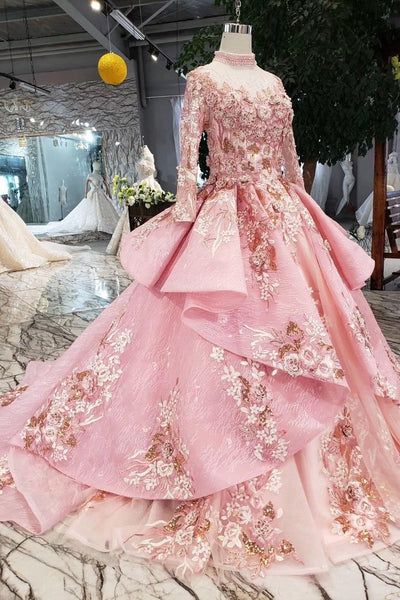 New Arrival Pink Prom Dresses Long Sleeves Ball Gown High Neck Quinceanera Dresses DMK17