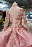 New Arrival Pink Prom Dresses Long Sleeves Ball Gown High Neck Quinceanera Dresses DMK17