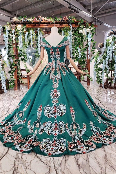 New Arrival Prom Dresses Short Sleeves Green Ball Gown With Applique Beads DMK18