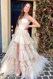 Ivory Strapless A-line Multi-Layers Tulle Long Prom Dress with Slit
