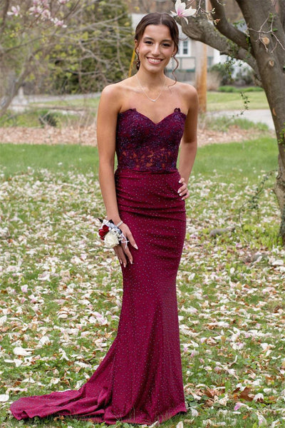 Burgundy Mermaid Strapless Beaded Appliques Lace-Up Long Prom Dress DR1551