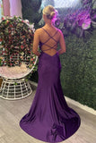 Grape Mermaid Straps Beaded Satin Long Prom Dress with Slit DR1505