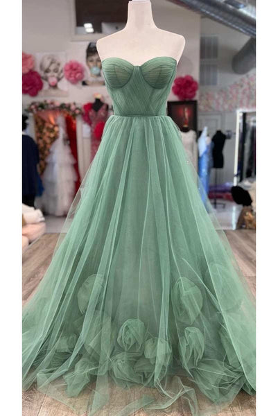 A-Line Sweetheart Green Tulle Hand Made Flower Long Prom Dress Evening Gown DMP233