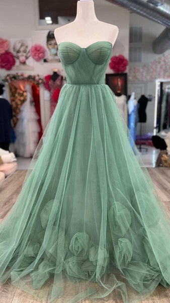 A-Line Sweetheart Green Tulle Hand Made Flower Long Prom Dress Evening Gown DMP233