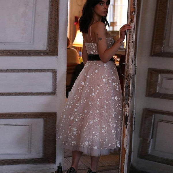 A Line Spaghetti Straps Tea Length Pearl Pink Prom Wedding Dress With Stars DMK73