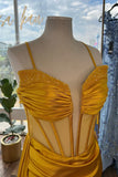 Yellow Beaded Mermaid Satin Deep V Neck Long Prom Dress with Slit
