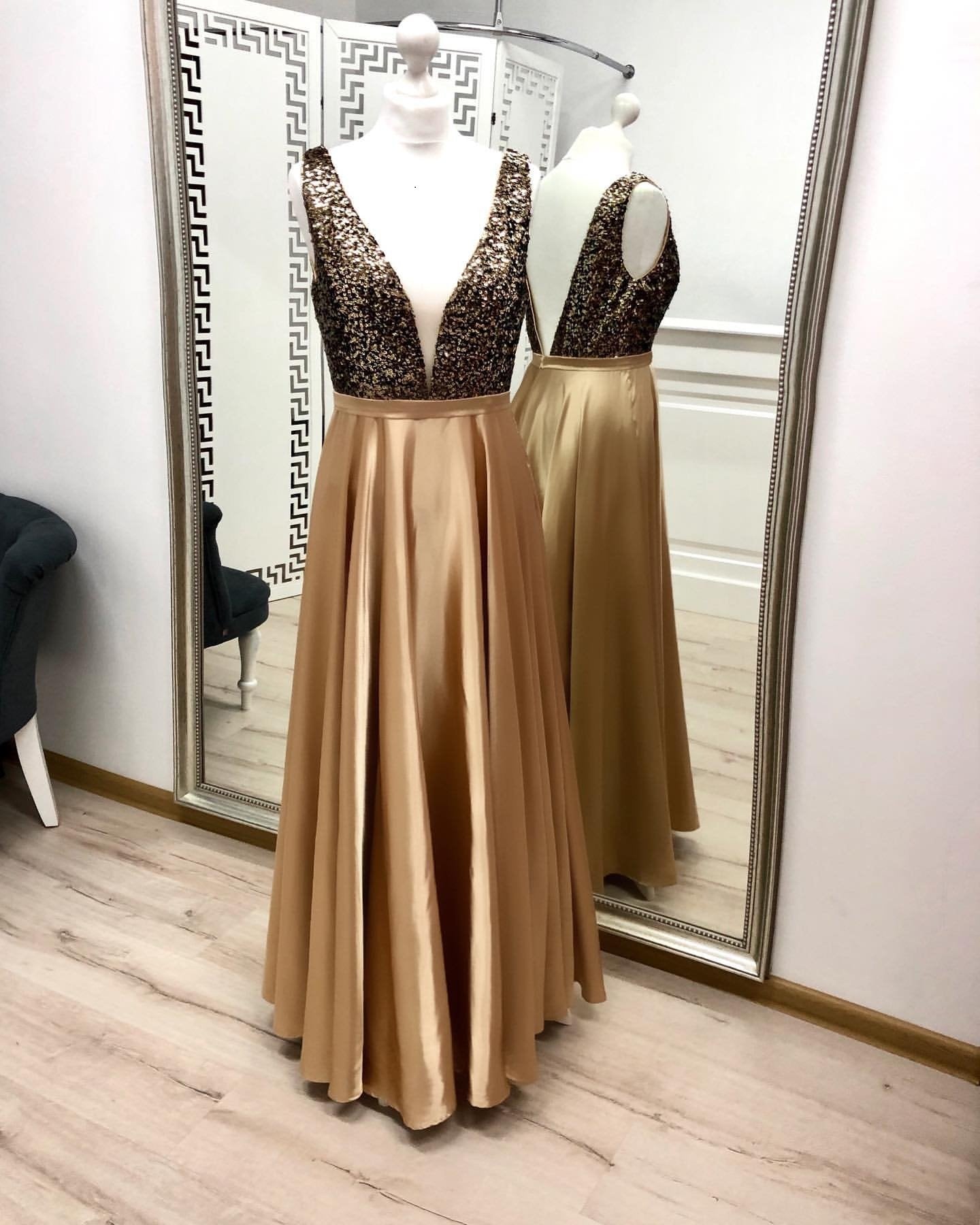 Charming A Line V Neck Gold Prom Dresses, Beaded Long Prom Dress DMK21