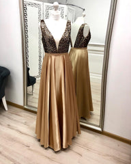 Charming A Line V Neck Gold Prom Dresses, Beaded Long Prom Dress DMK21