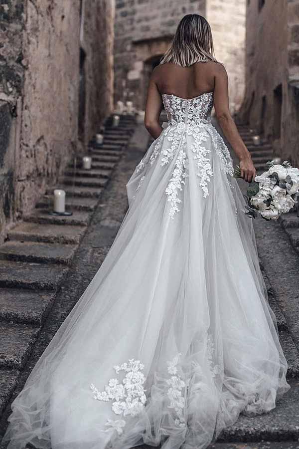 A Line Sweetheart Long Cheap Tulle Wedding Dresses with Lace Appliques Bellapromdress A Line Sweetheart Long Cheap Tulle Wedding Dresses with Lace Appliques Bellapromdress