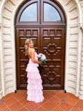 A-line Pink Halter Ruffles Long Prom Dress, Formal Evening Dress DMP243