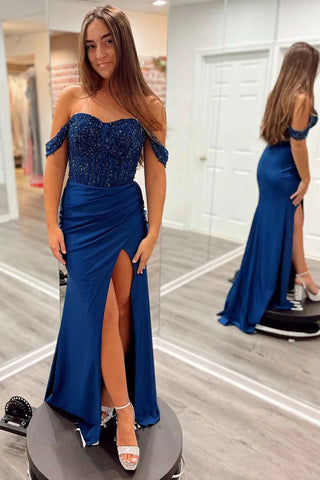 Navy Blue Sequin and Satin Off-the-Shoulder Long Prom Dress with Slit DM1963