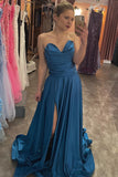 Ink Blue Strapless Satin A-line Pleated Long Prom Dress with Slit DR16295