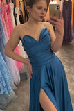 Ink Blue Strapless Satin A-line Pleated Long Prom Dress with Slit DR16295
