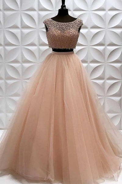 Two Pieces A Line Tulle Beading Long Sleeveless Prom Dress DMP82