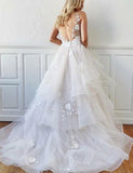 Romantic A-Line V Neck Tiered Appliques Tulle Long Wedding Dresses DMM87