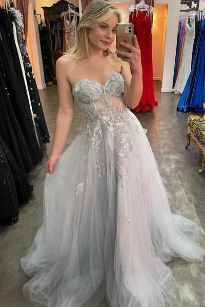 Grey Strapless Appliques A-line Tulle Long Prom Dress DR16296