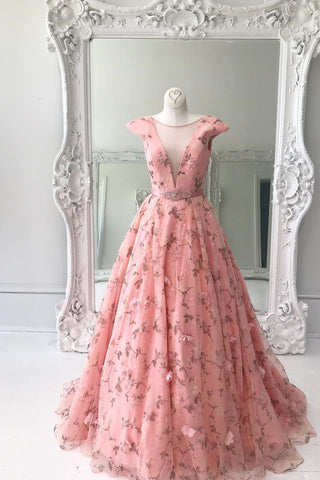 Princess A Line Floral Pink Cap Sleeves Long Prom Dress DMK97