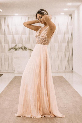 Pearl Pink V Back Appliques Long Prom Evening Dress DMK74