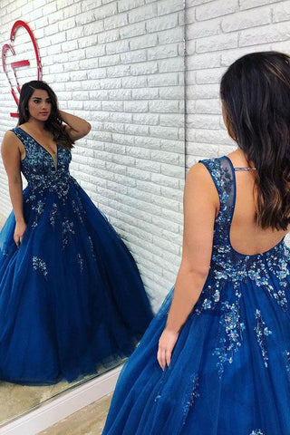 Ball Gown Royal Blue Beaded Long Plus Size Prom Gown with Open Back DML1