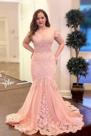 Off the Shoulder Pink Appliques Mermaid Long Plus Size Prom Dress DMK95